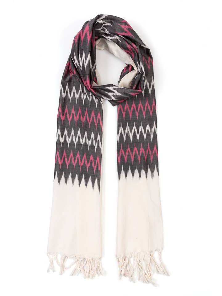 COTTON SCARF YAMA IKAT IVORY AND BLACK FAIR TRADE PRODUCT for wholesale by Veraluna Sustainable Clothing