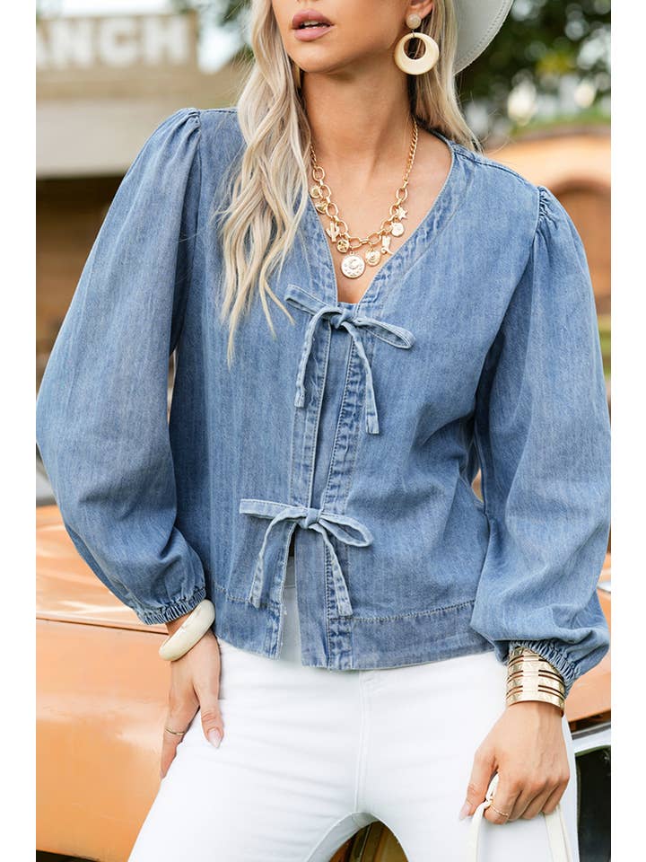 Blue Fashion-W Tied Front Long Puff Sleeve Denim Top for wholesale on Faire5