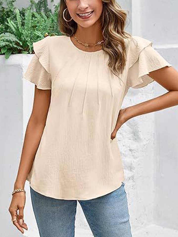 Pleated Short Sleeved Round Neck Top for wholesale by Wholesalesir