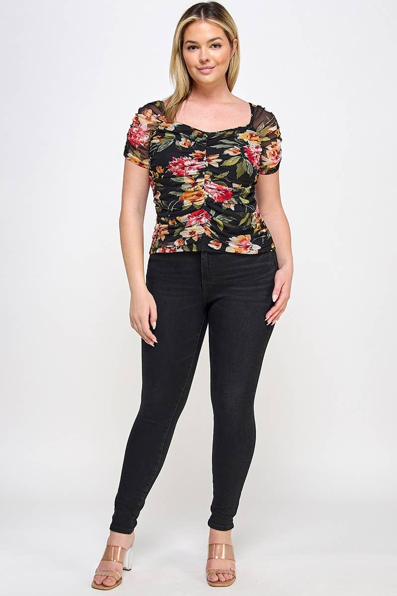 Haute Fox Plus Size & Contemporary - Wholesale Blouse - Women's - Plus Size Mesh Floral Print Ruched Top - WG18420-T2