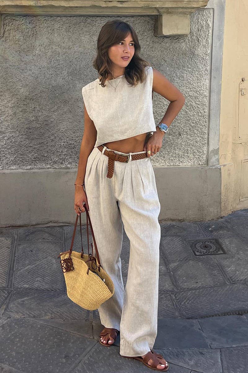 NINEXIS - Wholesale Top & Pant Set (NOT Loungewear) - Women's - CWSTB1800_LINEN SLEEVELESS TOP & WIDE LEG PANTS SET12