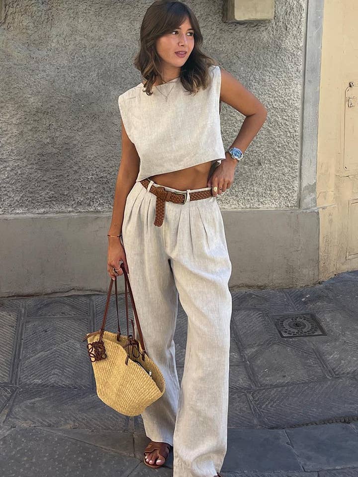 NINEXIS - Wholesale Top & Pant Set (NOT Loungewear) - Women's - CWSTB1800_LINEN SLEEVELESS TOP & WIDE LEG PANTS SET12