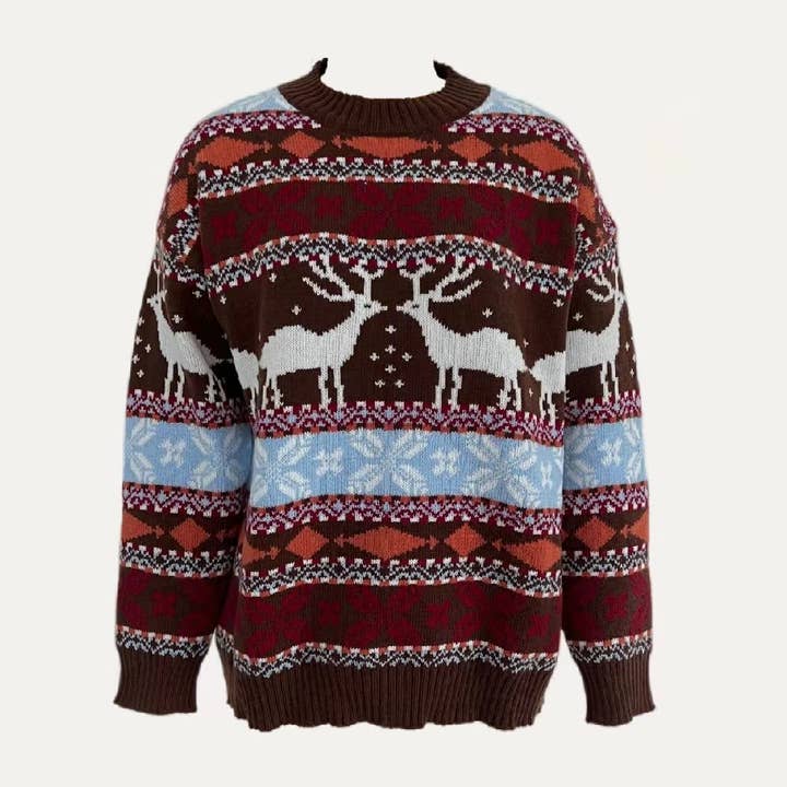 The Moment Collection - Wholesale Knit Sweater - Women's - Warmy Elk Geometric Pattern Long Sleeve Knti Sweater