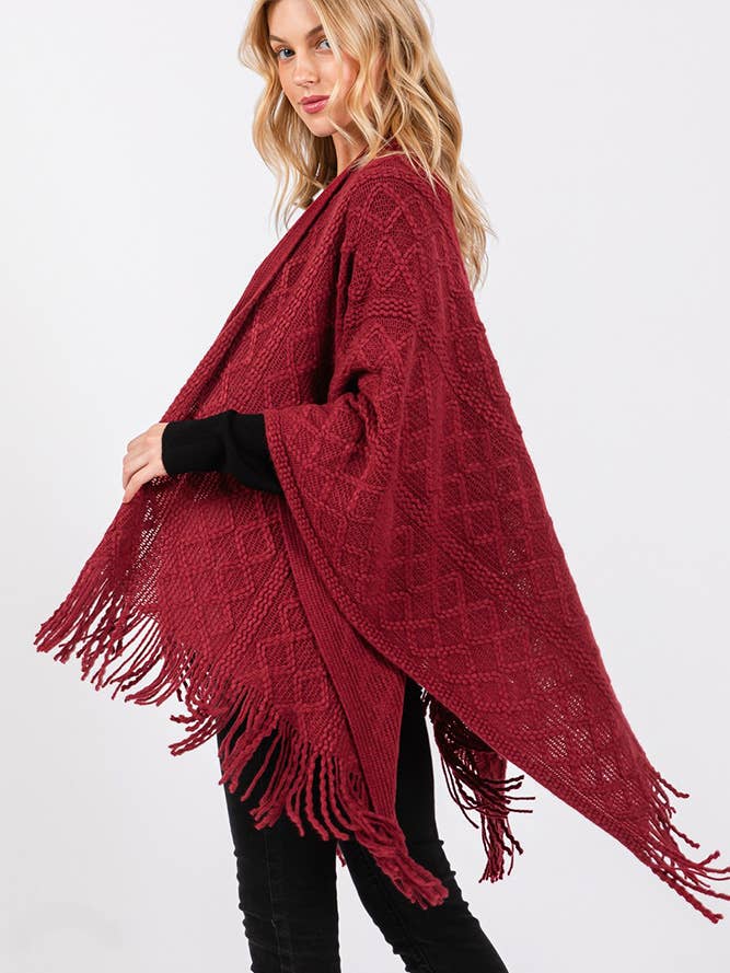 Hana – wholesale Cardigan – Women’s – Diamond Pattern Tassel Knit Ruana Winter Cardigan15