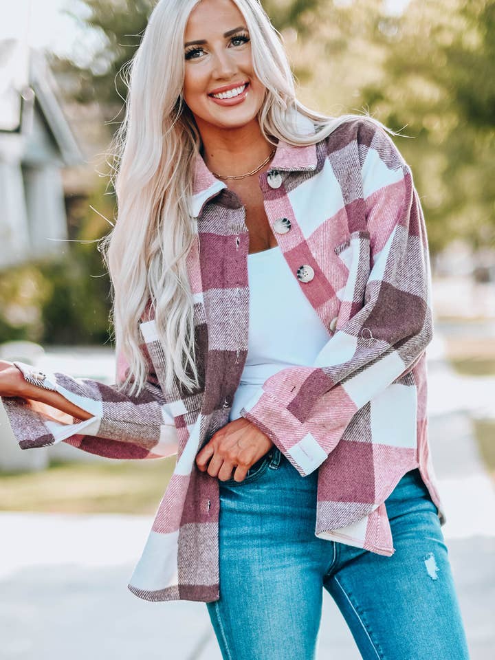 Lovesoft - Venta al por mayor Sobrecamisa - Mujer - Chaqueta casual de manga larga con botones en bloque a cuadros y bolsillo10