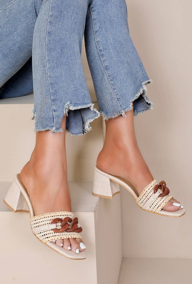 Joia Paris - Wholesale Mules - Women's - Canvas heeled mule with wood-style buckle HK-13153