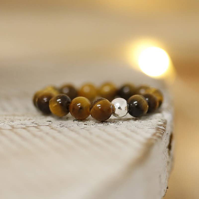 Ethike.eu - Vendita all'ingrosso Anello midi/a fascia - Anello elastico con occhio di tigre naturale e argento 4 mm