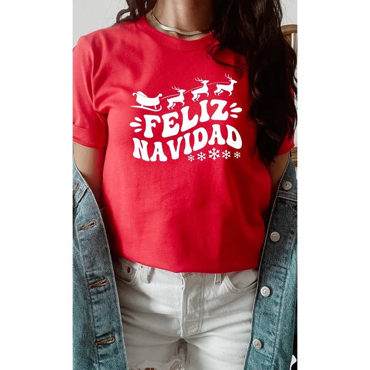 Kissed Apparel - Wholesale Screen Printed T-Shirt - Women's - Sleigh and Reindeer Feliz Navidad Graphic Tee2