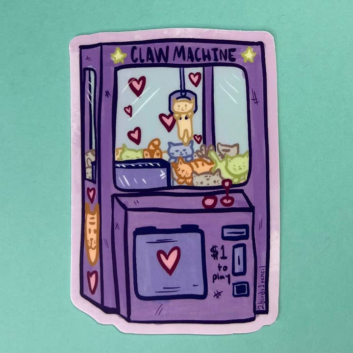 Kitty Cat Plushie Claw Machine Vinyl Sticker for wholesale by 2Birds1Pencil Illustrations