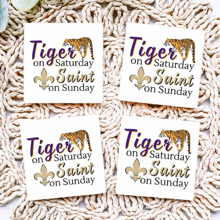 Tiger på lørdag Saint on Sunday Square Keramisk Coaster for engroshandel hos Crows Nest Atelier, LLC