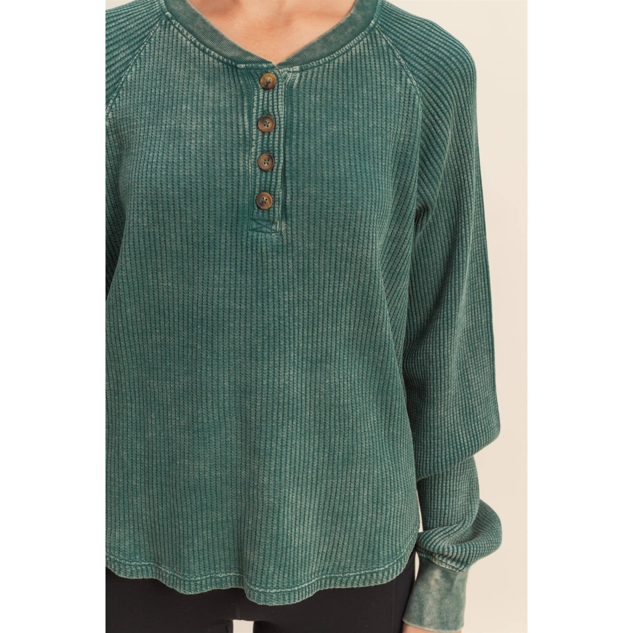 Double Zero - Wholesale Sweatshirt - Women's - Mineral Washed Henley Waffle Raglan Sleeve Top24