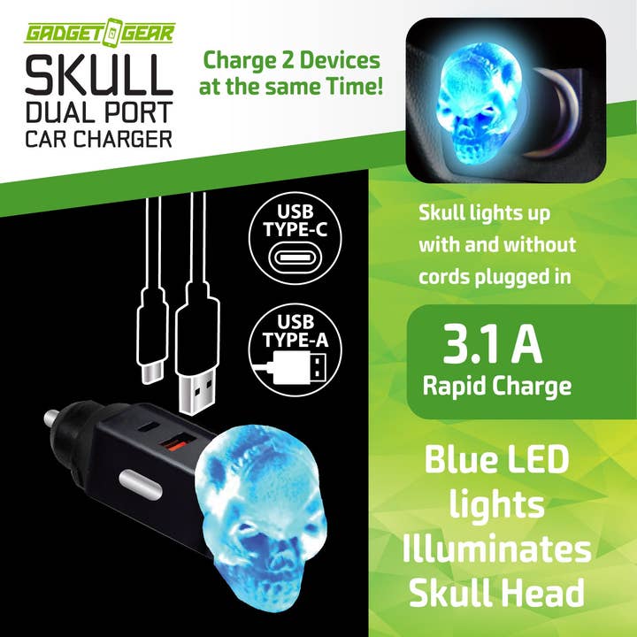 Car Charger Dual Port USB/USB-C LED Skull - 6 Piece Display for wholesale by Novelty Brands