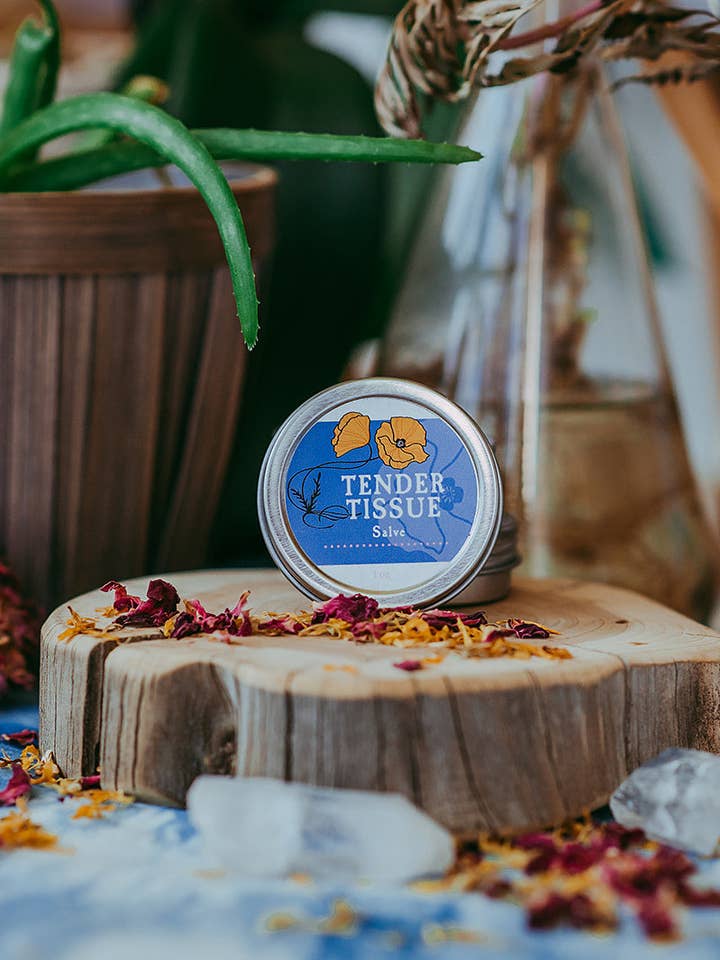 Tender Tissues Salve 1oz Tin for wholesale by Golden Poppy Herbal Apothecary