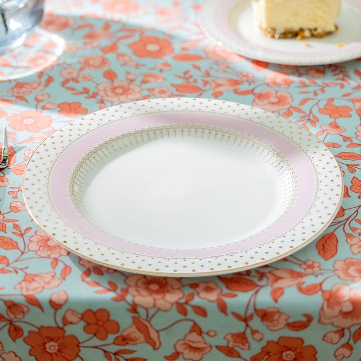 Pink Stripe with Gold Dots 10.5" Fine Porcelain Dinner Plate for wholesale by Grace Teaware