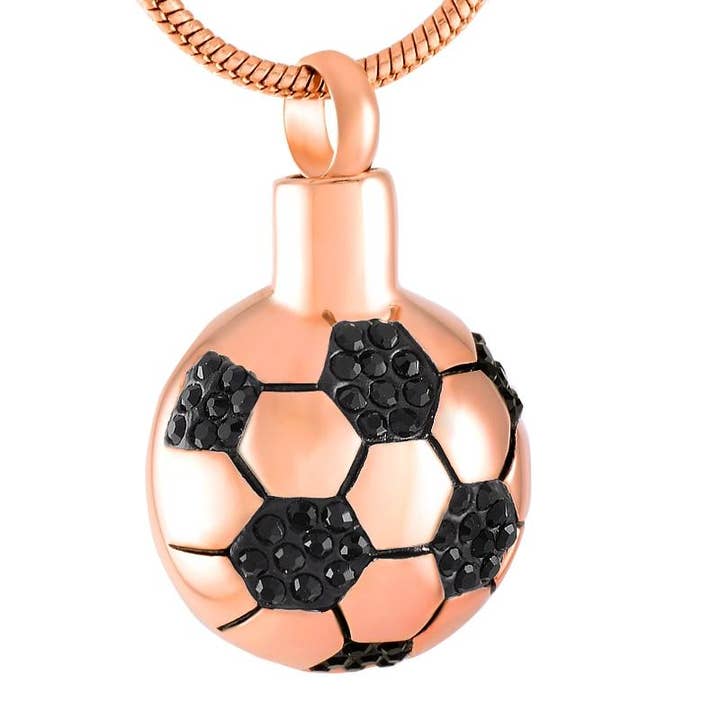 Soccer Ball Style Cremation Urn Necklace With Black Rhinestones for wholesale by Cherished Emblems