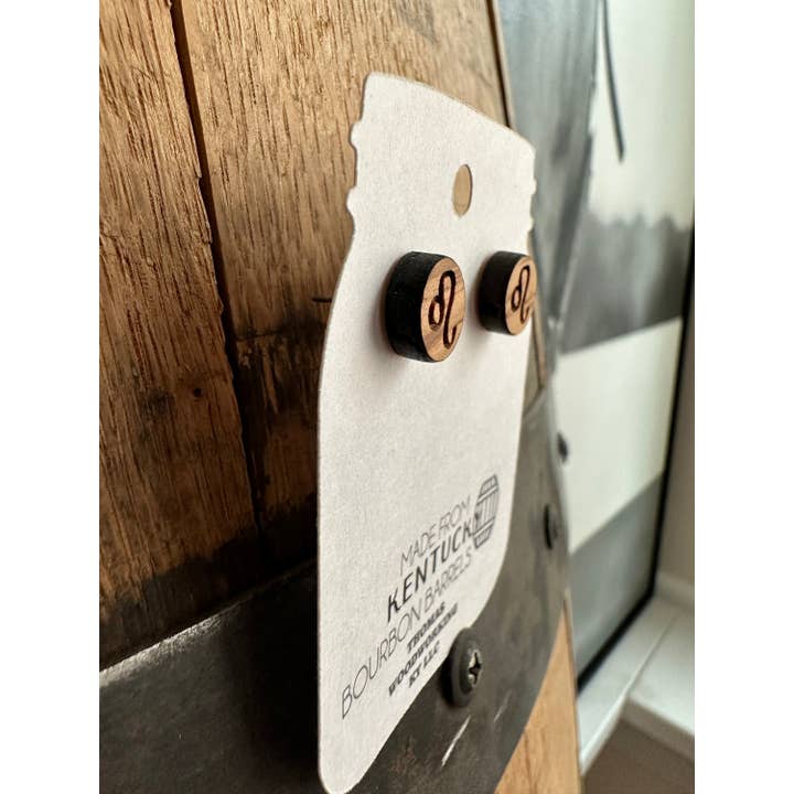 TWWKY - Wholesale Stud/Post Earrings - Leo Zodiac Reclaimed Kentucky Bourbon Barrel Earrings6