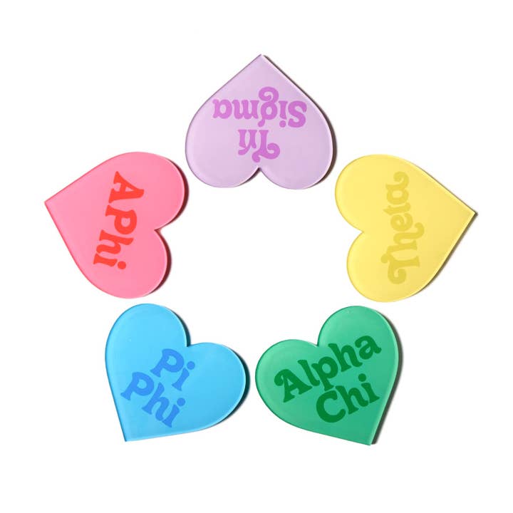Sorority Double Sided Acrylic Heart Coaster for wholesale by Over The Moon Greek