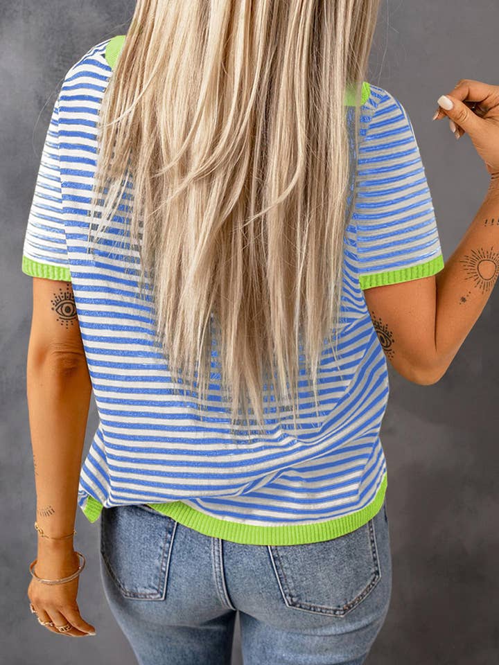 Lovesoft – wholesale Knitted jumper – Women′s – Women's Crew Neck Striped Contrast Short Sleeve Casual Sweater3