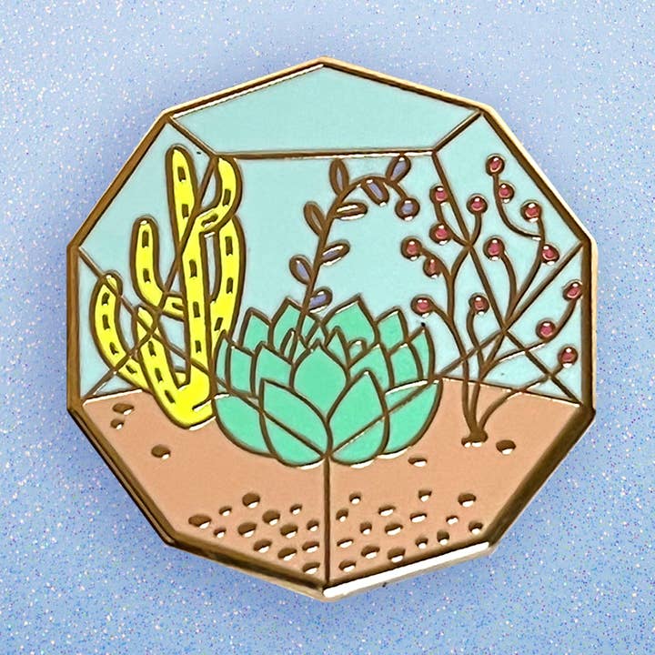 Decagon Daytime Terrarium Enamel Pin for wholesale by Floating Forest Studio
