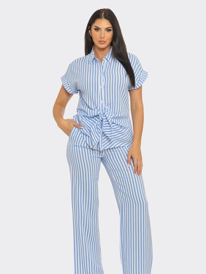 Stripe Knot Tie Button Down Top And Pants Set for wholesale by Julia by LoveJ
