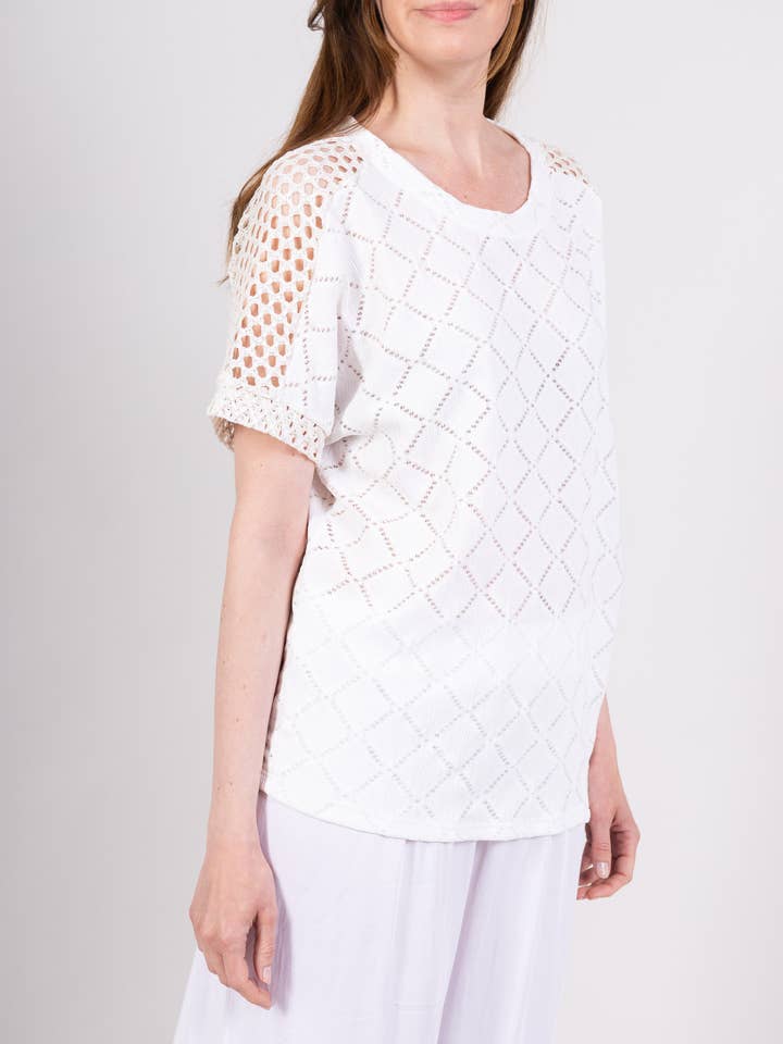 Two-Tone Shiny Knit Large Openwork Checkered T-Shirt for wholesale by L'Emotion