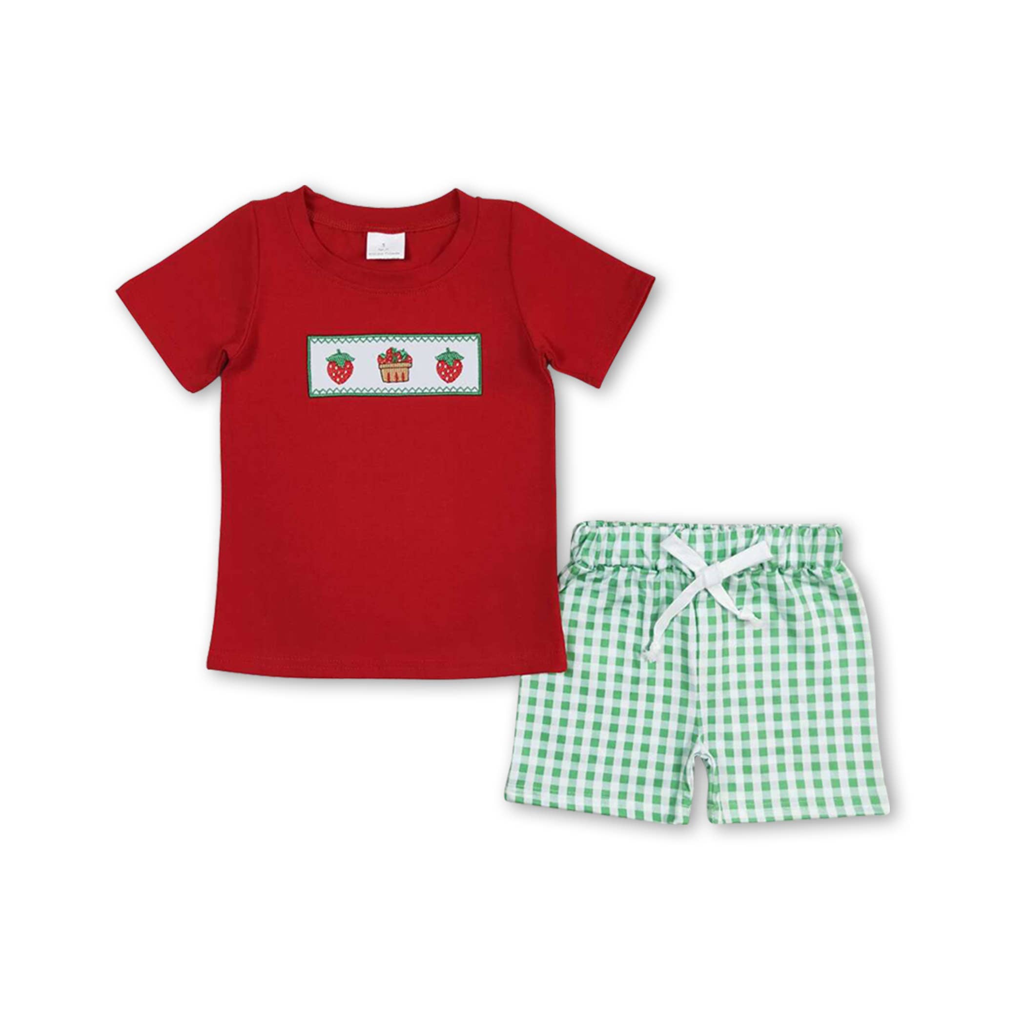 Yawoo Garments - Vente Ensemble haut et short – enfant - Haut brodé à la fraise, short à carreaux, vêtements pour garçons