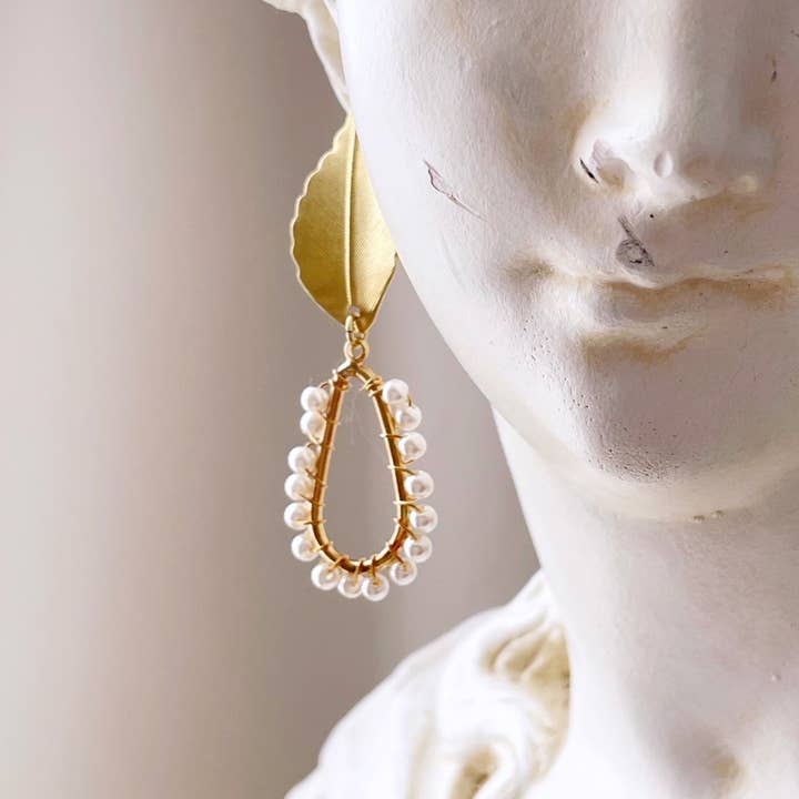 Pearl and Ivy Studio - Wholesale Dangle Earrings - Brass leaf earrings faux pearl drops1