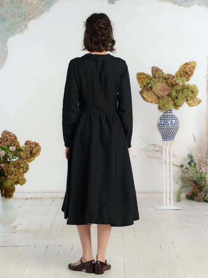 Night Garden Classic – Midi Linen Dress with Peter Pan Collar for wholesale on Faire25
