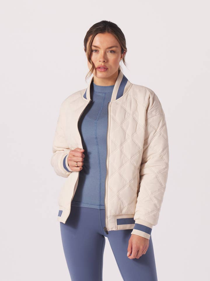 Varsity Jacket: Oatmilk/Washed Blue for wholesale by Glyder