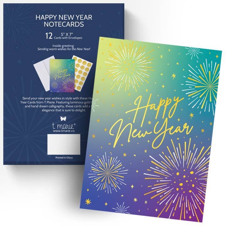 12 Happy New Year Cards 2026 with Envelopes & Gold Stickers for wholesale by T Marie
