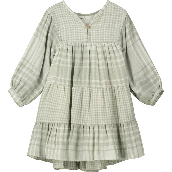 Tiered dress in grey check for wholesale by Poppet & Fox