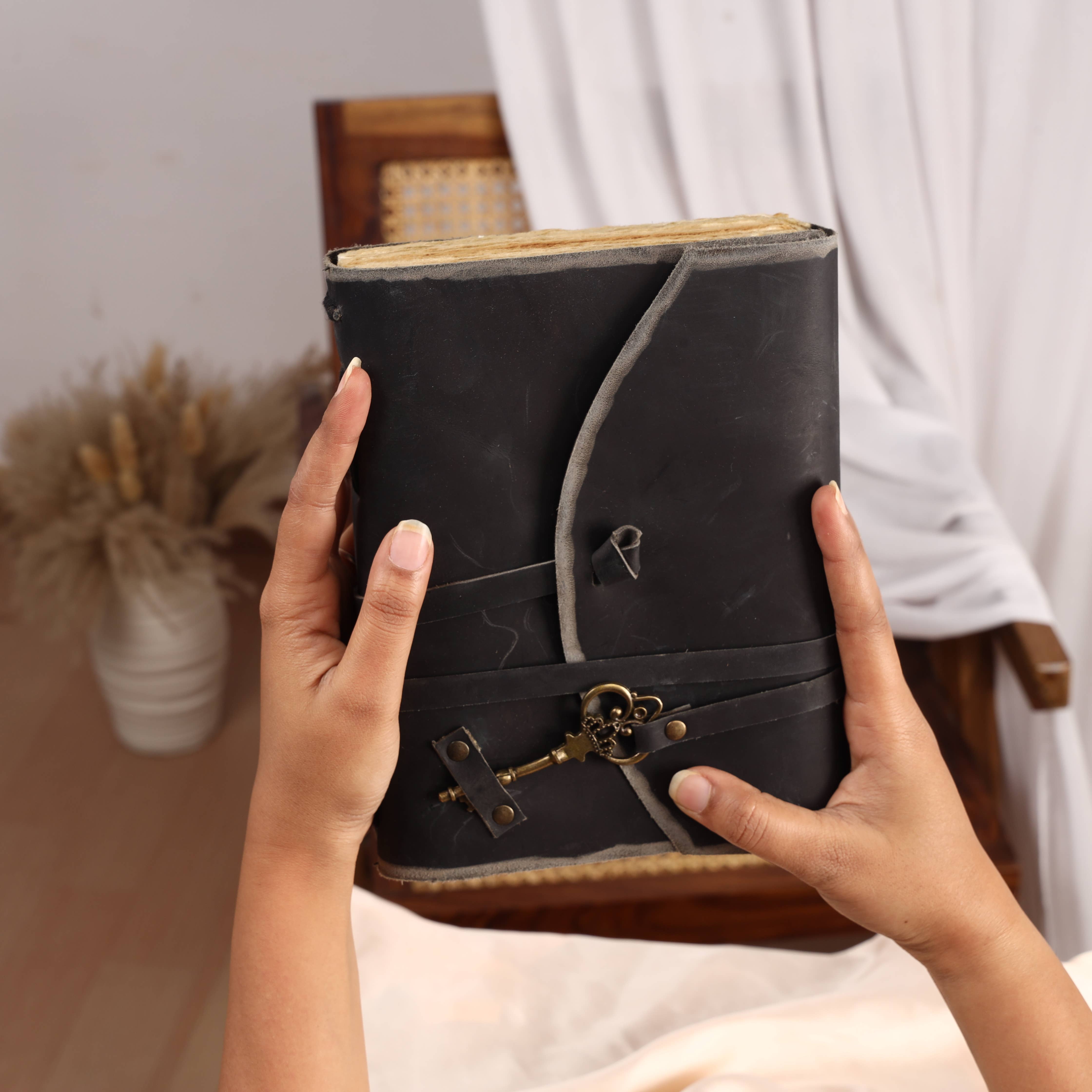 R K Handicrafts and Exporters - Wholesale Journal/Diary - Vintage Leather Bound Grimoire Journal with Key 6*8 Size