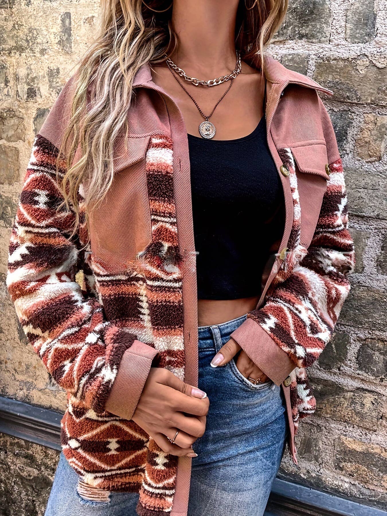 Rosa Clothing - Wholesale Jacket - Women's - Western button aztec print jacket shacket1