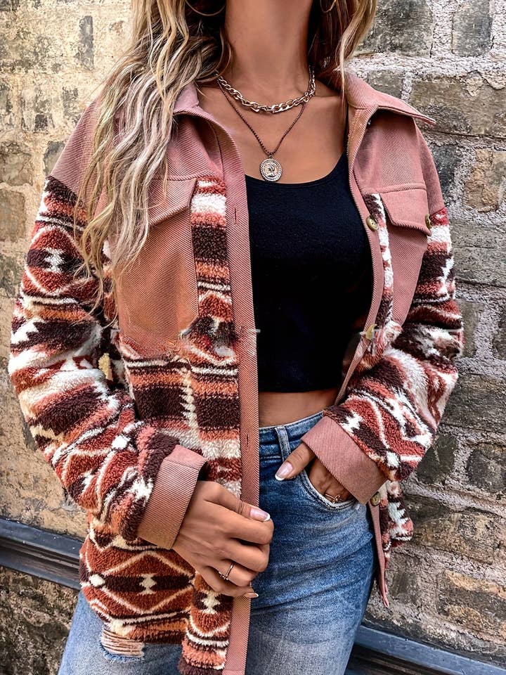 Rosa Clothing - Wholesale Jacket - Women's - Western button aztec print jacket shacket1