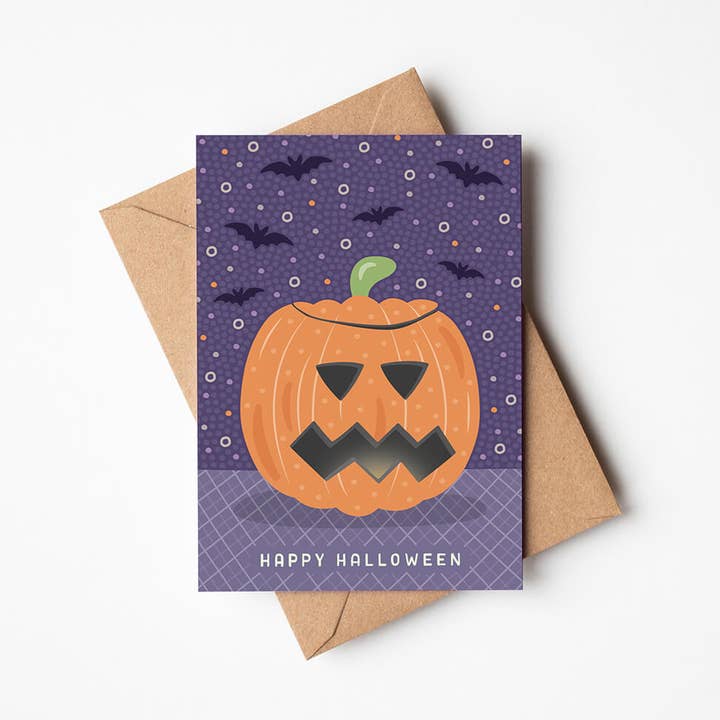 Purple and Orange Illustrated Pumpkin Halloween Card for wholesale by Jess A Little Creative