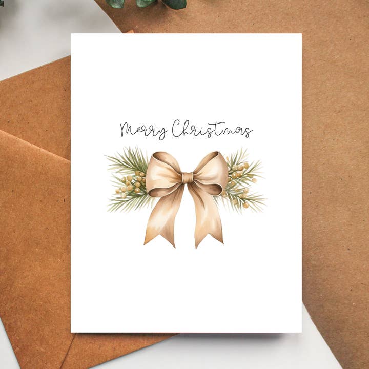 Boho Christmas Card - Christmas Bow Greeting Card for wholesale by Balsam Paper Co