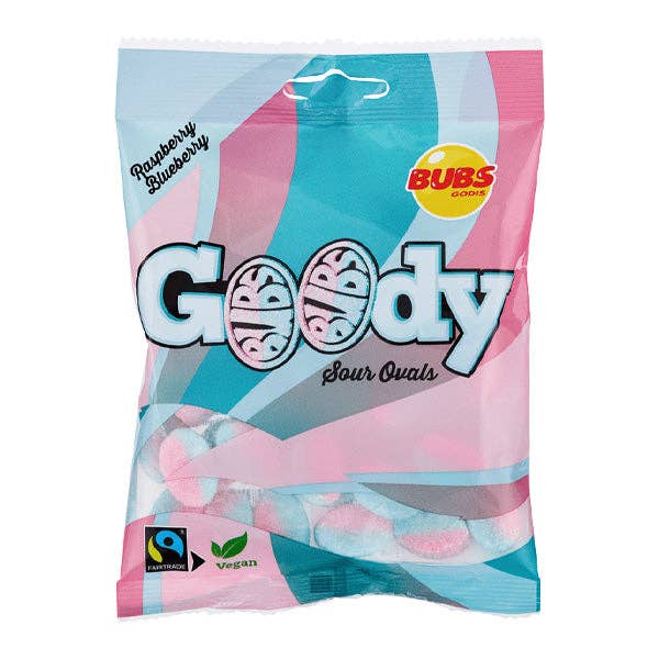 Showcase - Wholesale Gummy - BUBS Godis: Sour Raspberry & Blueberry Goody Ovals (90g)