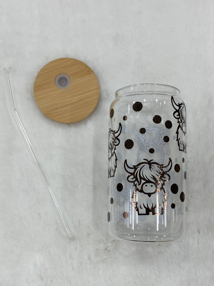 Glass Can Cup 16oz - Highland Cows for wholesale by Elation Collective