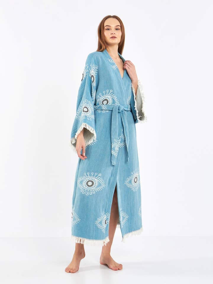 Yaz Concepts - Wholesale Kimono - Women's - Blue Evil Eye Jacquard Bathrobe Kimono Robe Kaftan Caftan