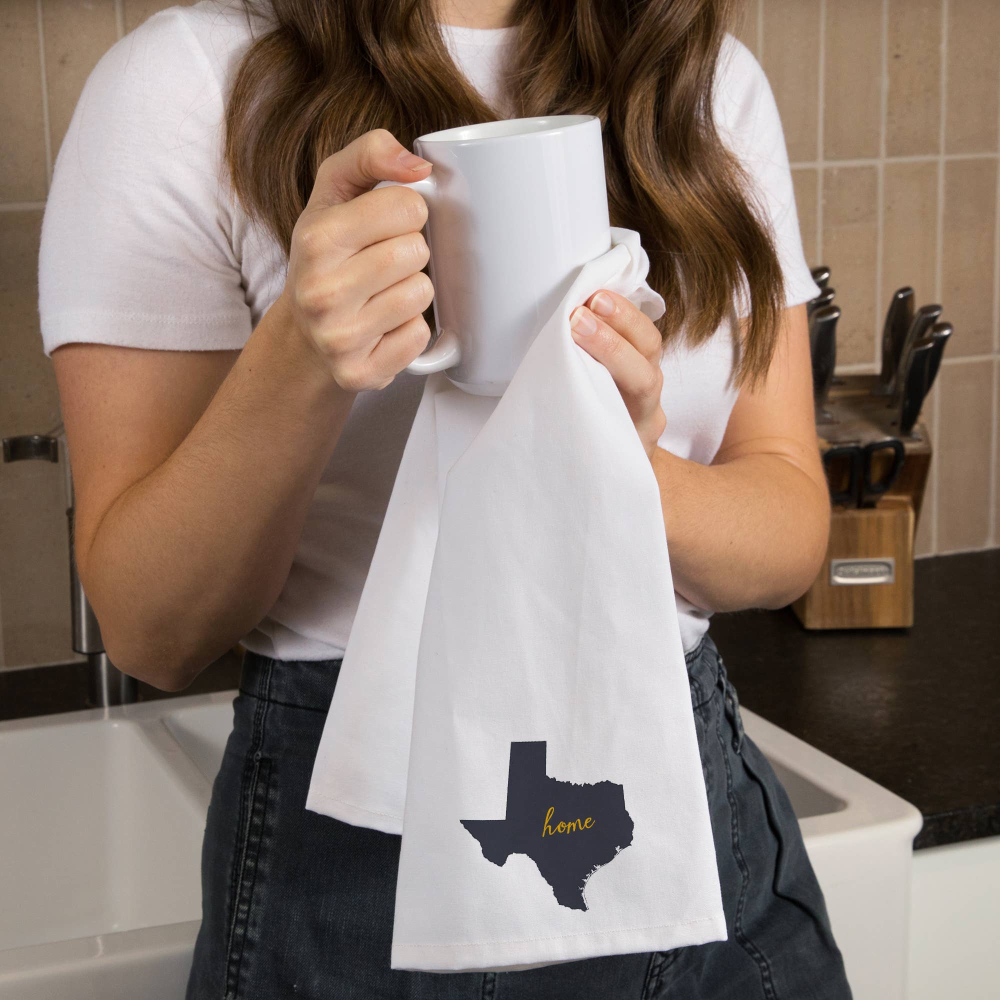 Lantern Press - Wholesale Tea Towel - ORGANIC TEA TOWEL Texas, Home State, Gray on White1