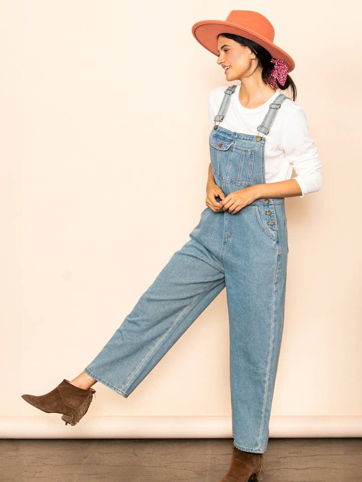 Mom Fit Vintage Wash Blue Denim Overalls for wholesale on Faire