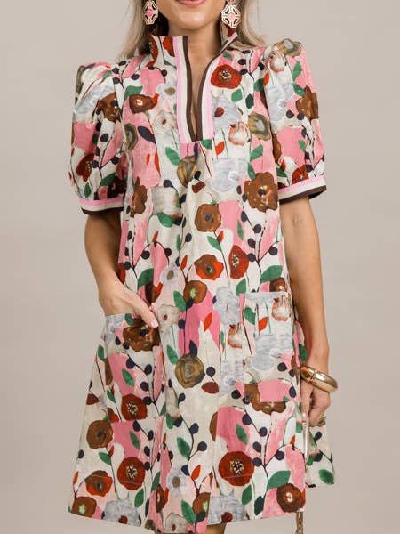 Decor Gardenia Floral Print Puffy Sleeve Dress for wholesale on Faire