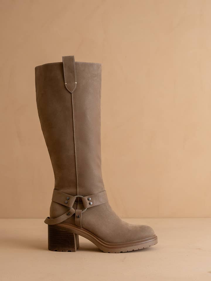 The Leanne | Dark Taupe Moto Knee High Boot for wholesale by OASIS SOCIETY