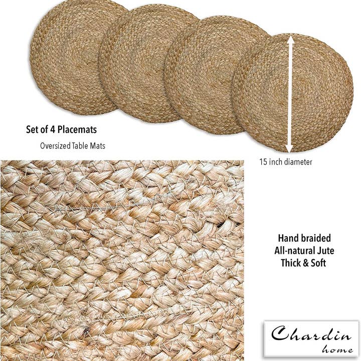 Natural Jute Hand Braided Round Placemats, Set of 4, 15 Inch for wholesale on Faire