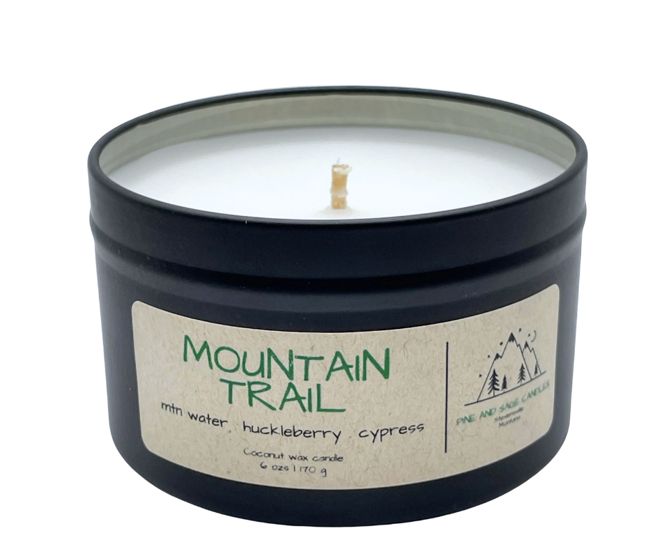 Pine and Sage Candles – Velas de viagem por atacado – Trilho da Montanha - Lata de Vela Preta Fosca de 6 oz8