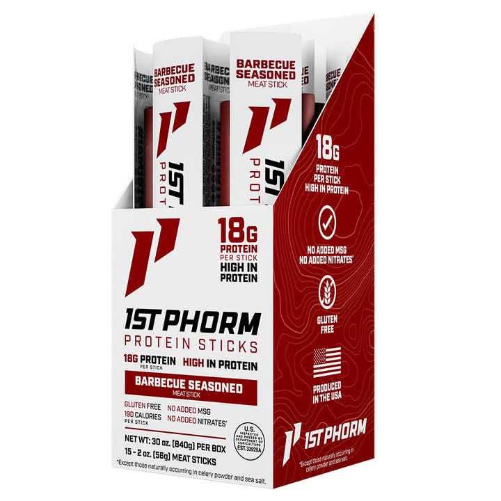 Protein Meat Sticks, Seasoned Barbecue - 15 Sticks/Carton, 6 Cartons (90 Sticks) for wholesale by 1st Phorm