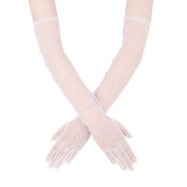 Long Tulle Nylon Wedding Gloves with High Quality Pearls for wholesale by Floris Linens