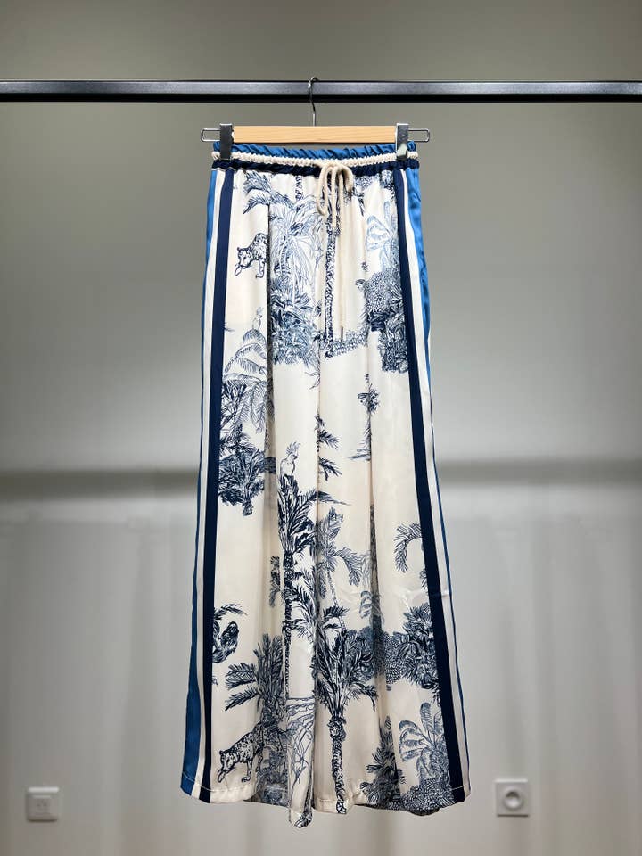 L'Emotion - Wholesale Pants - Women's - Elastic Waist Fluid Trousers with Tropical Pattern Drawstring