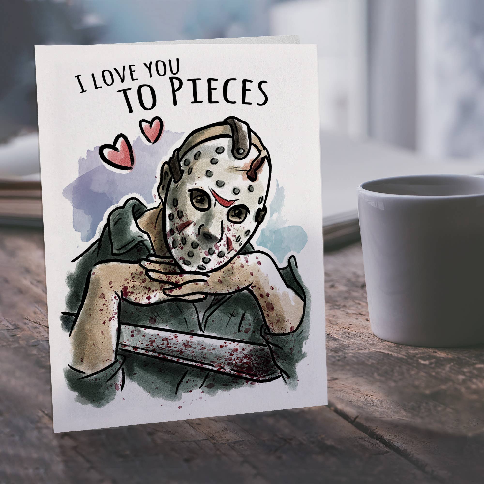 Aaron Millard Illustration - Wholesale Valentine's Day Card - "Love you to Pieces" - Hockey Horror Trope Valentine Card2