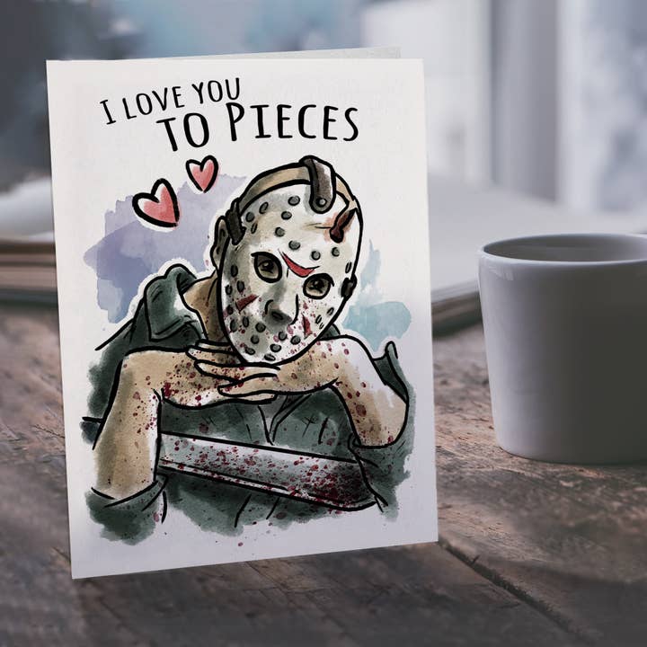 Aaron Millard Illustration - Wholesale Valentine's Day Card - "Love you to Pieces" - Hockey Horror Trope Valentine Card2